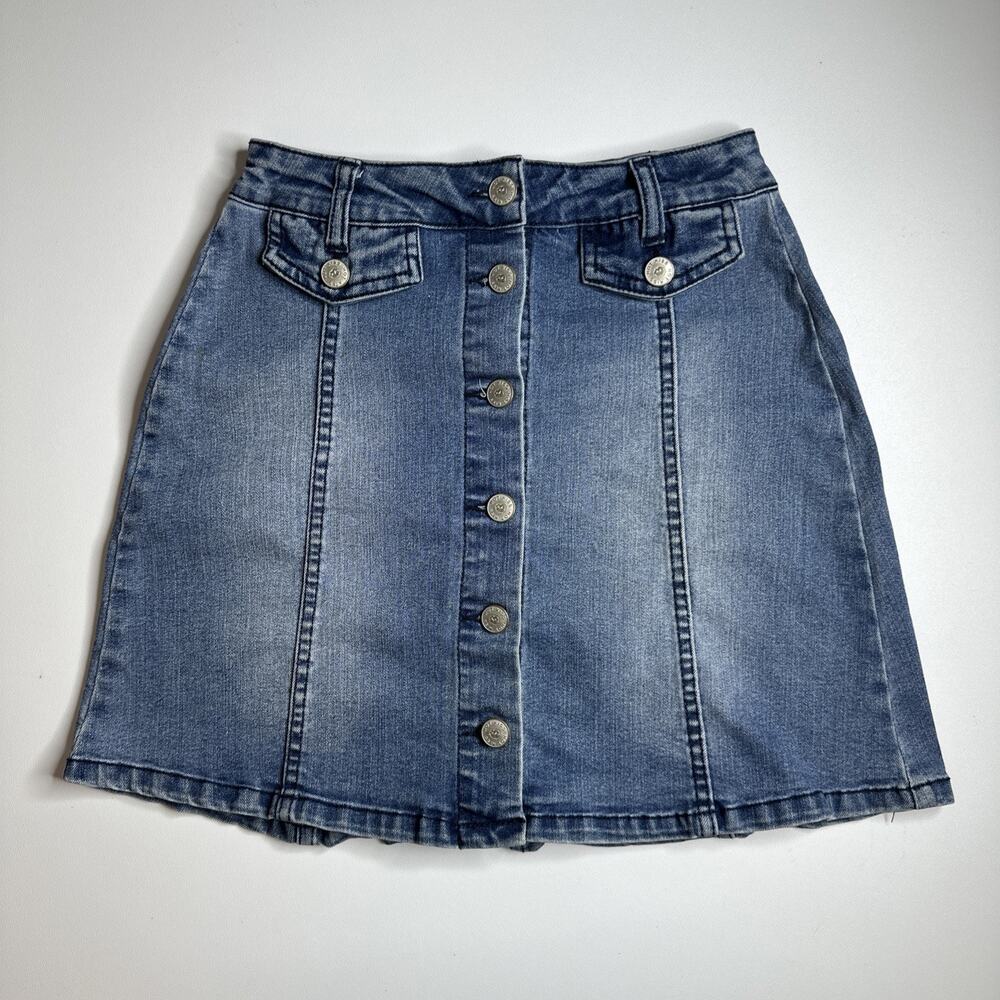 Vintage Y2K Hot Kiss Womens Denim Mini Skirt Size 0 Button Front Indie Pockets